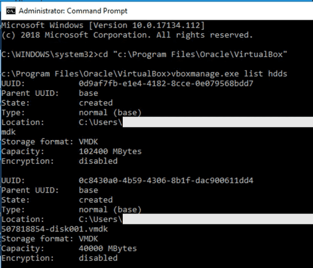 Listing hdds shows all attached disks. We want the UUID of the first one, as we can see the location matches